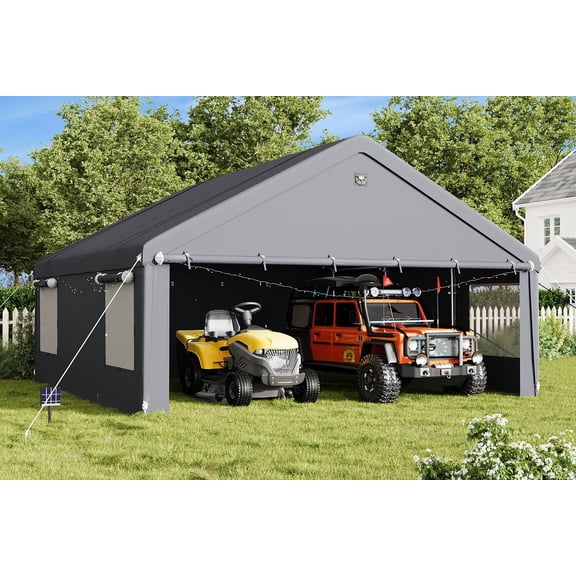 Richryce 20x20 Carport, Heavy Duty Outdoor Garage Metal Carport with Removable Sidewalls and Side-Opening Doors for 2 Cars,Trucks, SUVs, Boats & Tractors,Gray