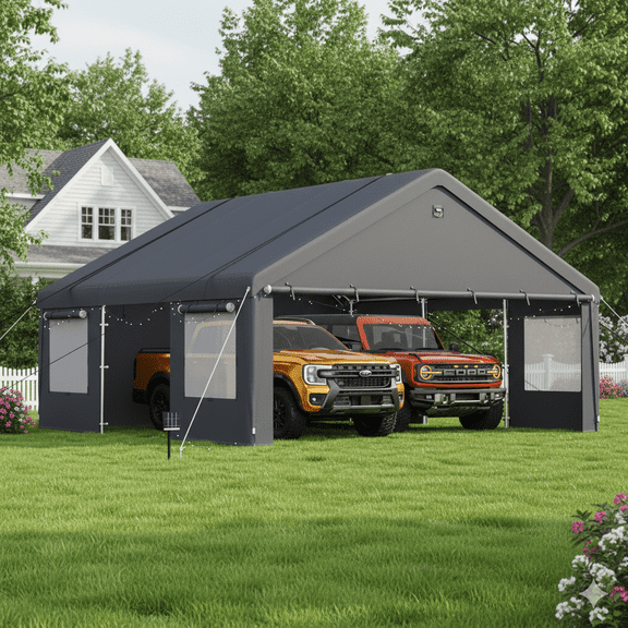 Richryce 20x20 Carport, Heavy Duty Outdoor Garage Metal Carport with Removable Sidewalls and Side-Opening Doors for 2 Cars,Trucks, SUVs, Boats & Tractors,Gray