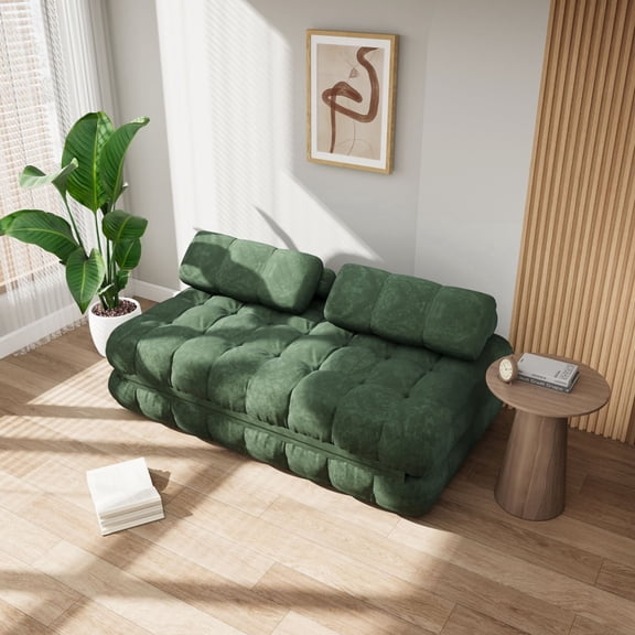 Richryce 3-in-1 Folding Futon Sofa Bed, 59.1" Convertible Sleeper Chair Bed with Pillows, Portable Floor Mattress Lounge for Living Room Bedroom, Full Size, Velvet, Green