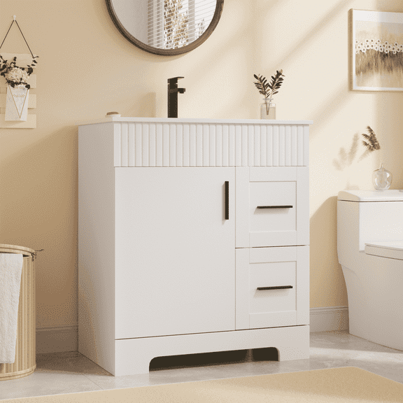 Richryce 30 Inch Bathroom Vanity with Ceramic Sink, Wooden Bathroom Sink Vanity with a Door & 2 Drawers, Freestanding Bathroom Sink Cabinet (White)