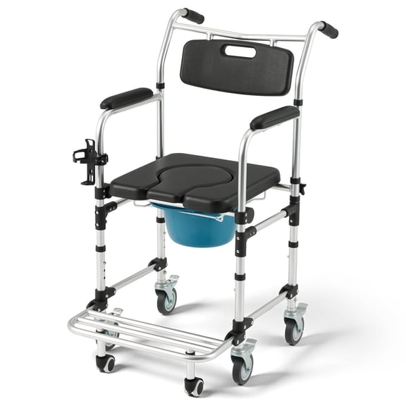 Richryce 4-in-1 Bedside Commode Shower Wheelchair for Elderly and Disabled, Commode Chair with 4 Lockable Wheels, Detachable Bucket, Padded Seat&Armrests,Transport Chair with Flip-up Footrest, Black