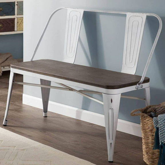 Richryce 42in Metal Bench Industrial Mid-Century 3 Person Chair with Wood Seat, Dining Bench with Floor Protector and Removable Backrest, White