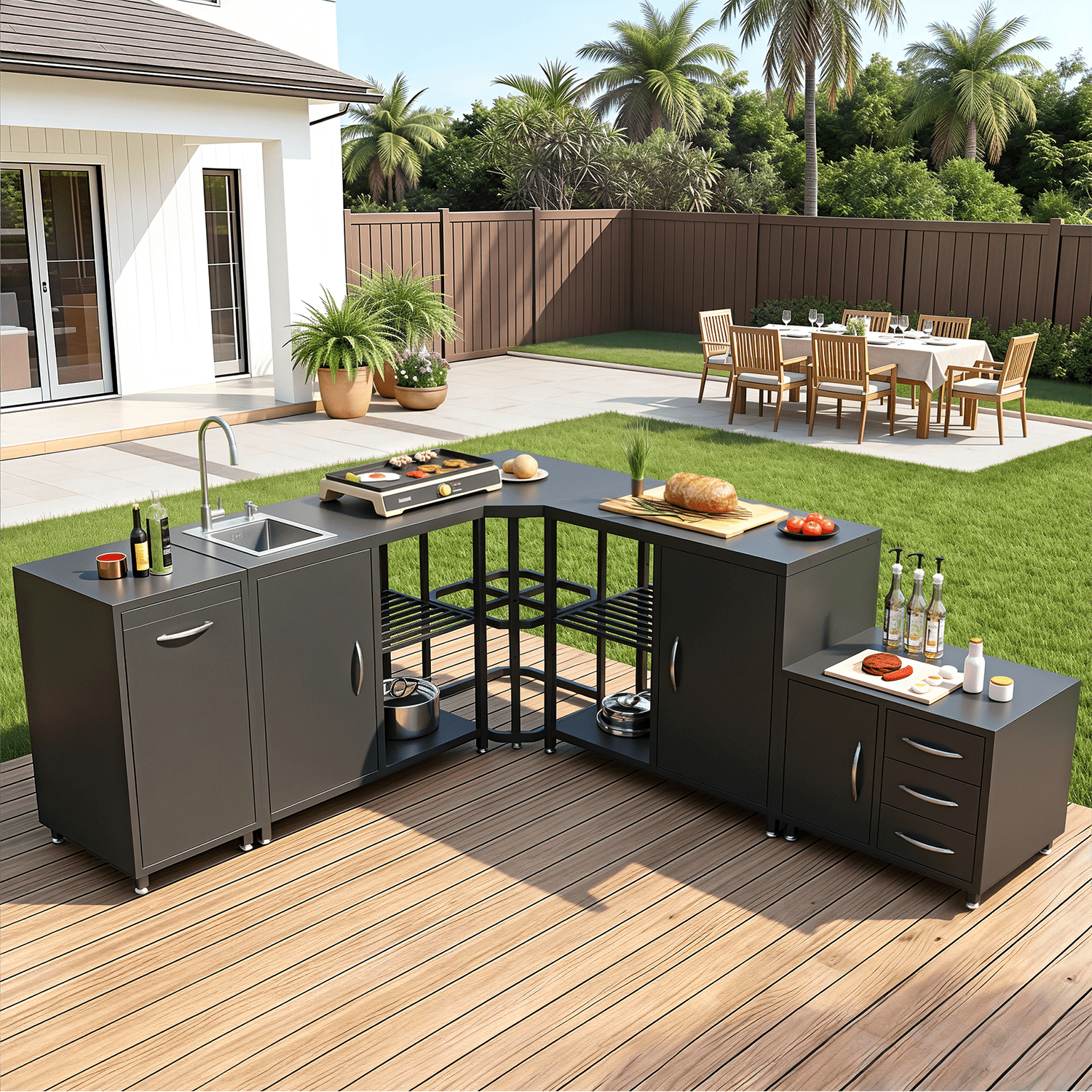 Richryce 5-Piece L Shaped Outdoor Kitchen Island with Sink, Large Storage Cabinet & Shelf, Pull-Out Trash Drawer and Grill Stand for Deck, Patio