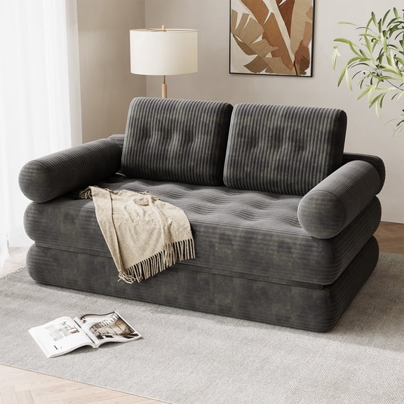 Richryce 59" Convertible Sleeper Sofa Bed, 5-in-1 Loveseat Boneless Couch in a Box, Folding Floor Mattress with 2 Removable Armrests, Fold Out Futon Chair Lounge for Living Room Bedroom - Gray, Full