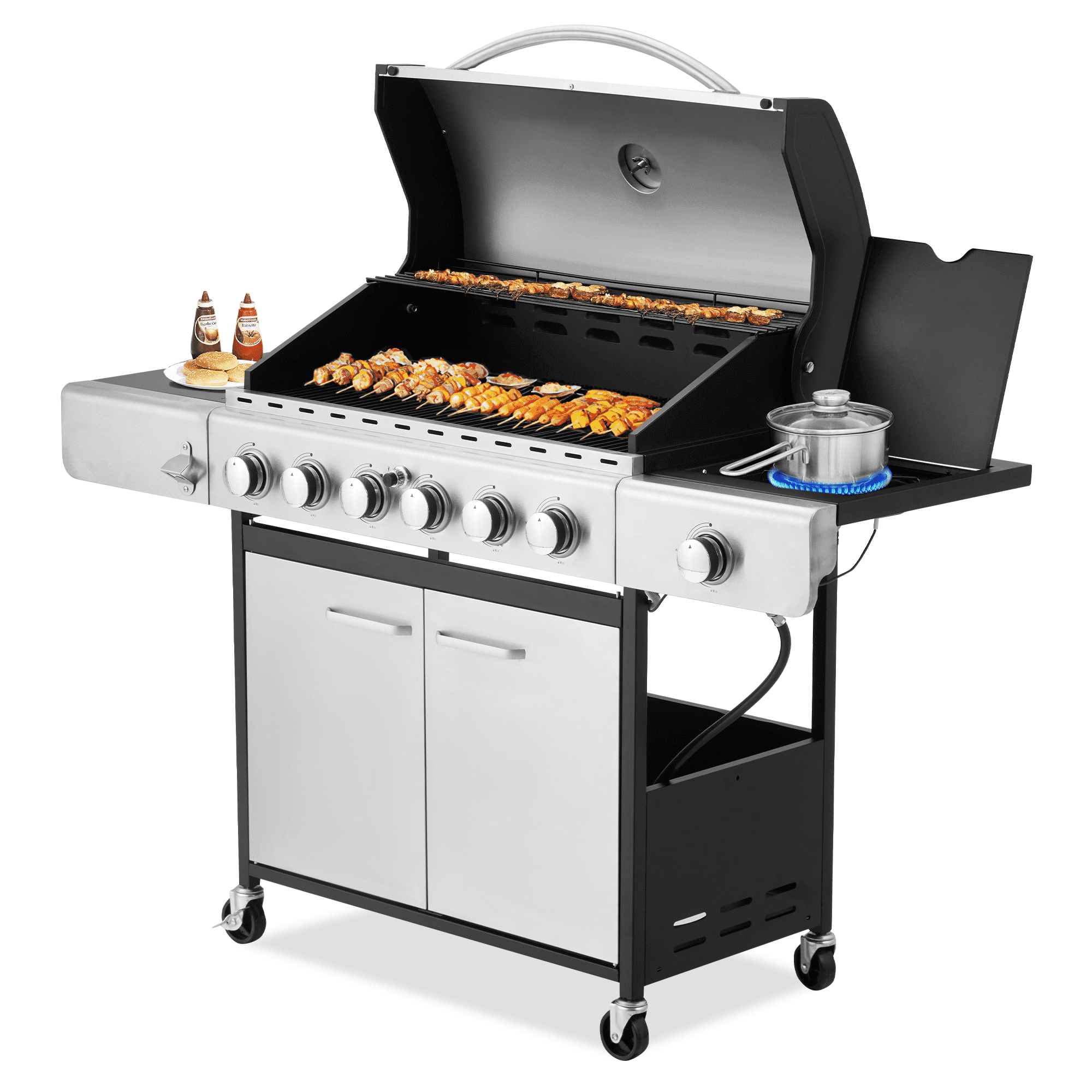 Richryce 6 Burner Propane Gas Grill, 58,000 BTU BBQ Propane Grill with Stove and Side Table for Patio Garden
