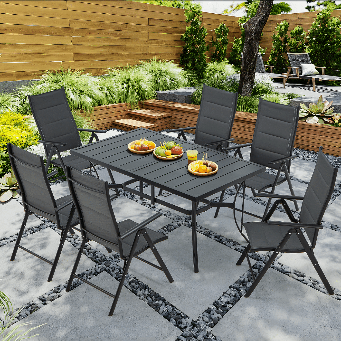 Richryce 7 Pieces Outdoor Dining Table Set with All Aluminum Foldable Dining Chairs and Stainless Steel Dining Table Modern Patio Furniture Dining