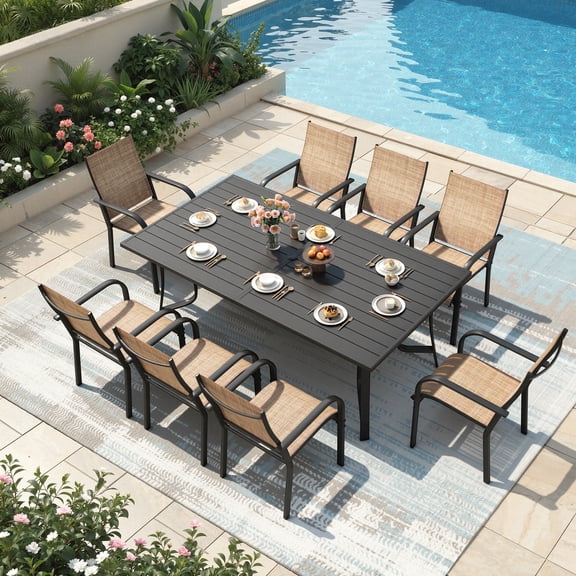 Richryce 8-Person Outdoor Patio Dining Table, Metal Rectangle Table with Umbrella Hole