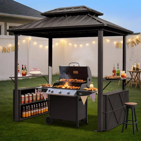 Richryce 8ft x 6ft Outdoor Grill Gazebo with Double Layer Steel Roof, 2 Storage Cabinets & 2 Shelves, Hardtop BBQ Gazebo for Backyard, Lawn, Deck & Garden - Black