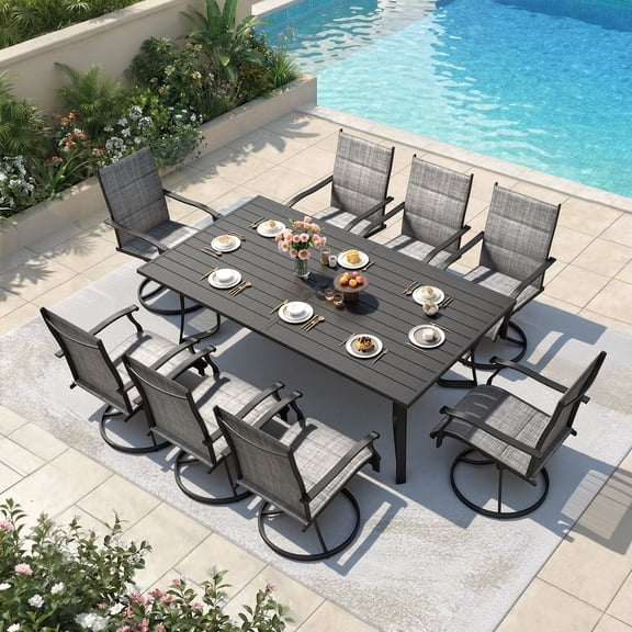 Richryce 9-Piece Outdoor Patio Dining Set, Metal Table with Umbrella Hole, 8-Person Patio Table and 8 Swivel Chairs for Garden, Gray Chairs
