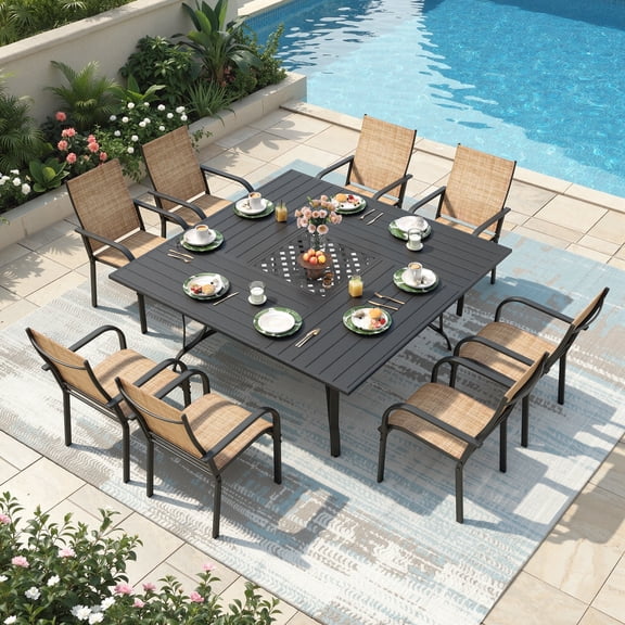Richryce 9-Piece Patio Dining Table Set, Patio Table with Umbrella Hole, Square Metal Dining Table with 8 Textilene Dining Chairs for Garden, Brown