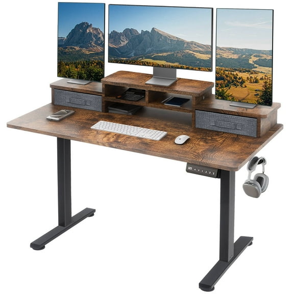 Richryce Electric Height Adjustable Standing Desk, 55" x 24" Computer Table with 2 Drawers & Storage Shelf 3-Preset Memory, Dual Hooks, Cable Management