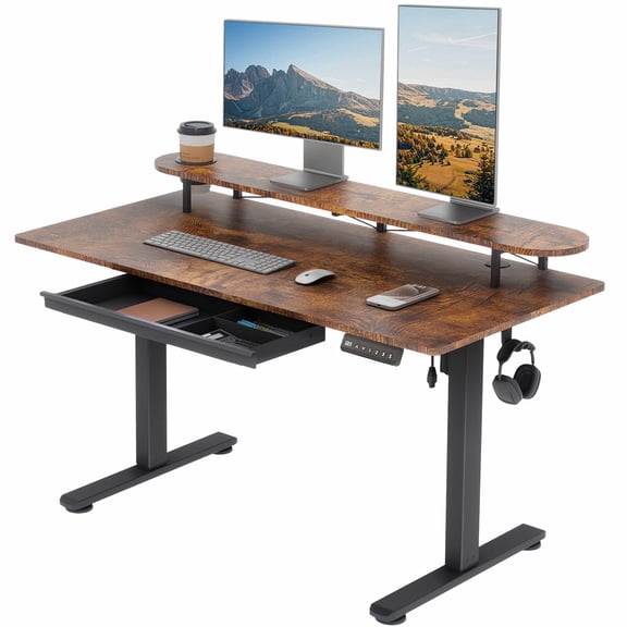 Richryce Electric Standing Desk with Drawer & Cup Holder, 48" x 24" Adjustable Height Sit Stand Computer Desk with Splice Board for Home Office