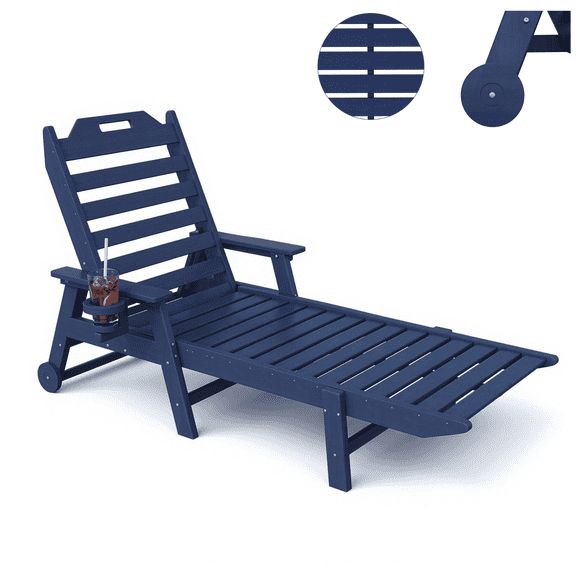 Richryce Lounge Chair Outdoor 22" W Oversized Chaise Lounge Chair with 6 Positions 500LBS Capacity HDPE All-Weather Patio Lounge Chair with Wheels and Cup Holder for Deck Poolside Backyard