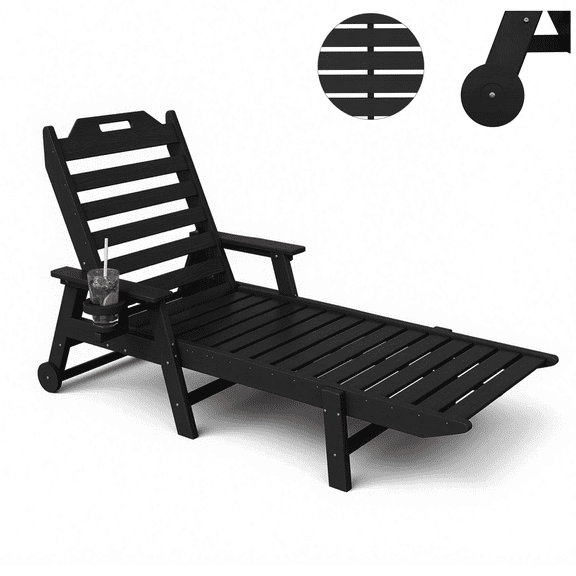 Richryce Lounge Chair Outdoor 22" W Oversized Chaise Lounge Chair with 6 Positions 500LBS Capacity HDPE All-Weather Patio Lounge Chair with Wheels and Cup Holder for Deck Poolside Backyard
