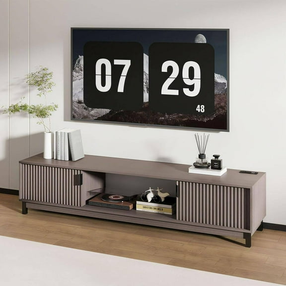 Richryce Luxury Mid Century Modern TV Stand for TVs up to 80", 70" Mocha Fluted Media Console with Built-in Power Outlet, Storage Cabinets & Open Shelves