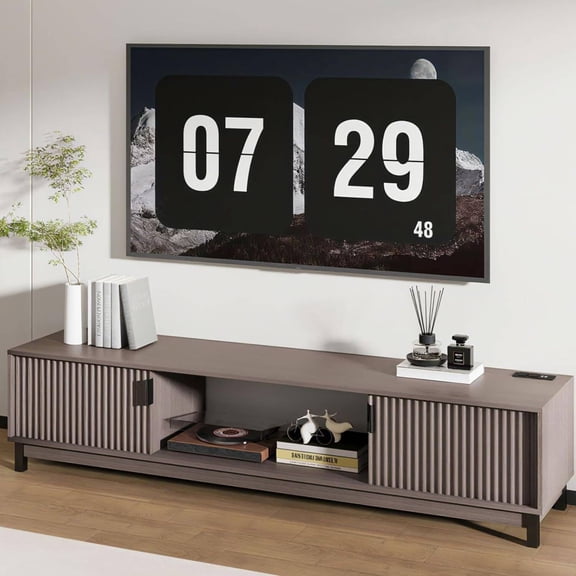 Richryce Mid Century Modern Mocha TV Stand for 65" TVs, 58" Wide Media Console with Built-in Power Outlet, Storage Cabinets & Open Shelves for Living Room or Bedroom