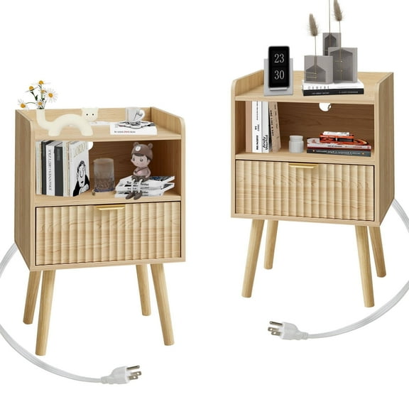 Richryce Modern Fluted Nightstand, Set of 2 with Charging Station & Drawer, Mid-Century Bedside Table, Natural Oak