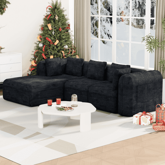 Richryce Modular Sectional Sofa with Chaise,Boneless CouchConvertible Sofa Bed, Fluffy Cloud Couch,Deep Seat Couches for Living Room, No Assembly Required, Black