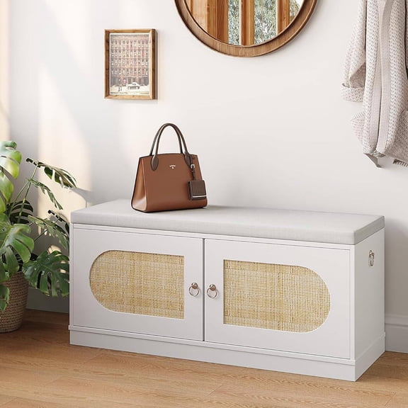 Richryce Natural Rattan 2-Tier Shoe Bench with Padded Seat, 39.4" Wide, 2 Doors & Adjustable Shelf for Entryway, Hallway or Bedroom