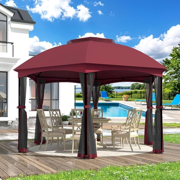 Richryce Outdoor Gazebo, 13x13 Ft 6-Sided Pop-Up Canopy with Double Air Roof & Netting Walls, Heavy Duty Steel Frame for Backyard, Patio, Poolside (Claret Red)