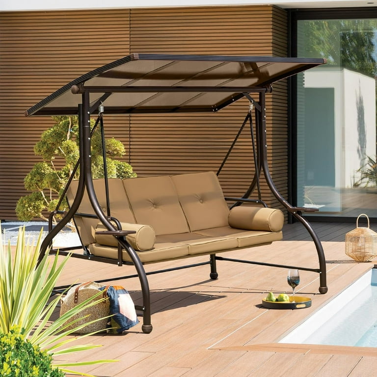 Richryce Outdoor Patio Swing 3 Seat Patio Swing Chair with Adjustable Canopy Khaki