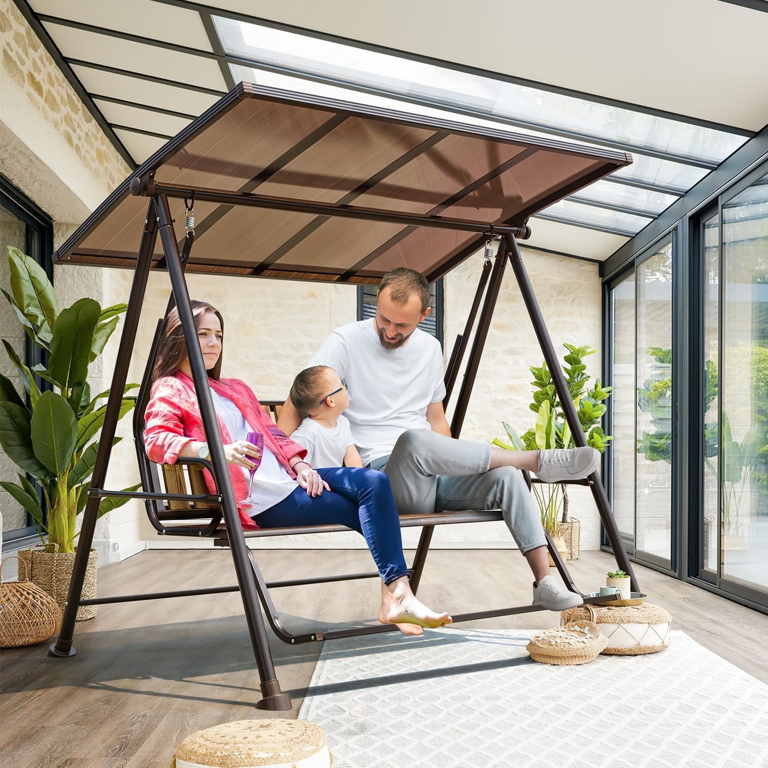 Richryce Outdoor Patio Swing 3 Seat Patio Swing Chair with Adjustable Canopy for Lawn