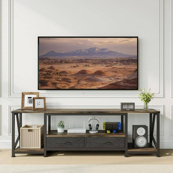 Richryce Rustic Brown Industrial TV Stand, 71" Entertainment Center for TVs up to 80", with Stable Design, Fabric Drawers & Open Shelves for Living Room or Bedroom