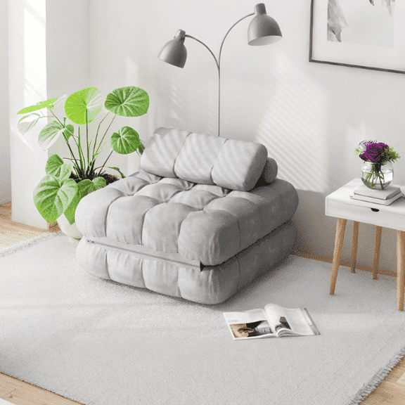 Richryce Single Size Folding Futon Sofa Bed, 3-in-1 Convertible Sleeper Chair, with Pillow, Portable Floor Mattress & Lounge Couch, for Living Room, Bedroom, Dorm, Gray