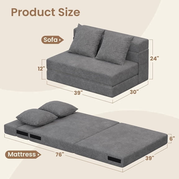 Richryce Twin 5-in-1 Foldable Sofa Bed with Pillows & Side Pockets, Sleeper Couch for Home/Office/Guest Room, Dark Gray