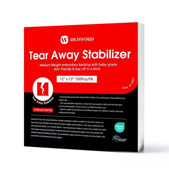 Richword 2.5oz Tear Away Machine Embroidery Stabilizer Backing 12"x12" 100 Precut Sheets