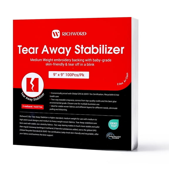 Richword 2.5oz Tear Away Machine Embroidery Stabilizer Backing 9"x9" 100 Precut Sheets