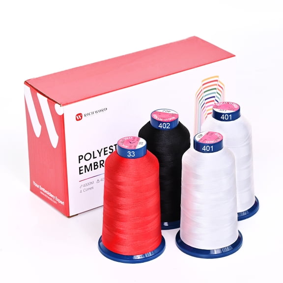Richword 2White1Black1Red Embroidery Thread 4 Rolls 4000M 40WT Polyester Thread for All Commercial & Domestic Embroidery Machines