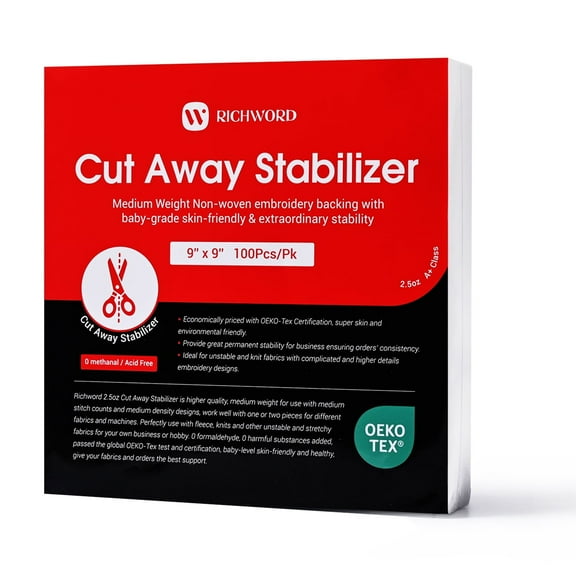 Richword Cut Away Embroidery Stabilizer 9"x9" 100 Precut Sheets for Machine Embroidery and Hand Sewing