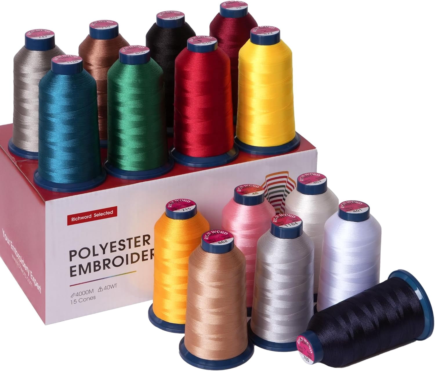RICHWORD Embroidery Machine Thread 15 Colors 40WT (108D/2) Polyester Thread Kit Each Spool 4000M (4374Y) Suitable for Embroidery Machines and Sewing Machines