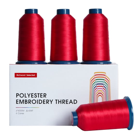 RICH WORD Red Embroidery Thread 4 Rolls 4000M 40WT Polyester Thread for All Commercial Embroidery Machines