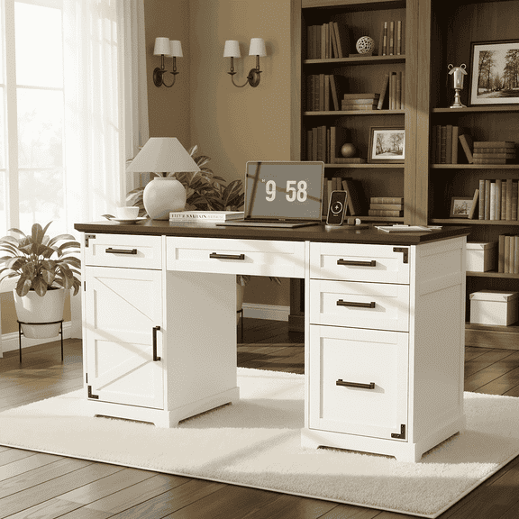 RichYa 55" Farmhouse Executive Desk with Drawers, Home Office Desk with Charging Station for Work Study Writing, White