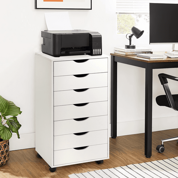 Richya 7-Drawer Storage Dresser, White Filing Cabinet with Wheels, Engineered Wood, 49 lbs, Kids Room, Bedroom