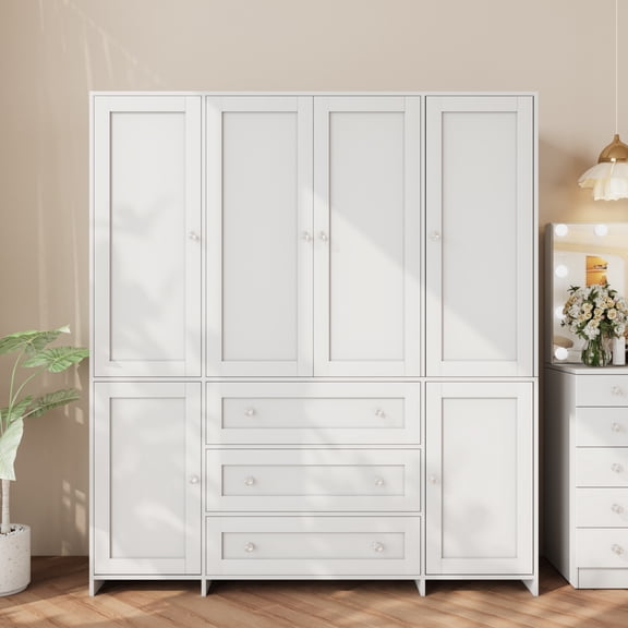 Richya 71" Armoire Wardrobe Closet with Drawers and Mirror, 6 Doors Clothing Storage Cabinet with Hanging Rod, Wardrobe Cabinet for Bedroom, Large Capacity Storage