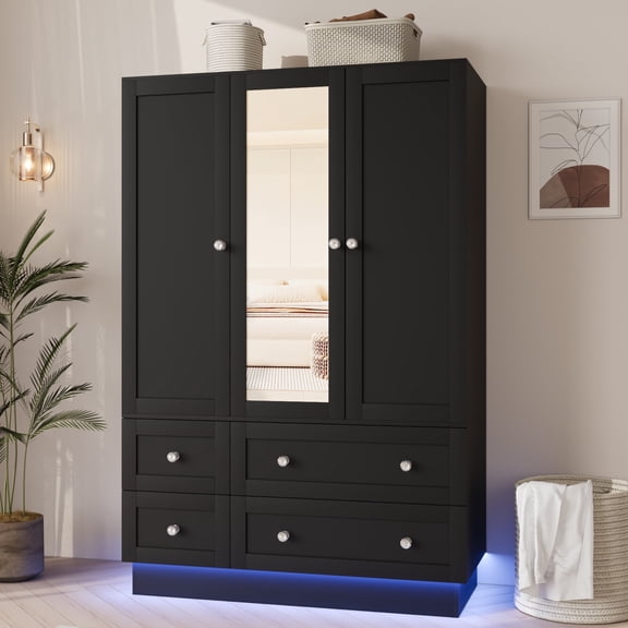 Richya Armoire Wardrobe Closet with 3 Doors and 4 Drawers, Mirror, RGB Lights, Hanging Rod, Bedroom, Living Room
