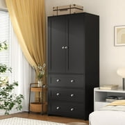 Richya Black Wooden Freestanding Wardrobe Closet Cabinet with 3 Drawers,Modern Wood Closet Storage Cabinet for Bedroom