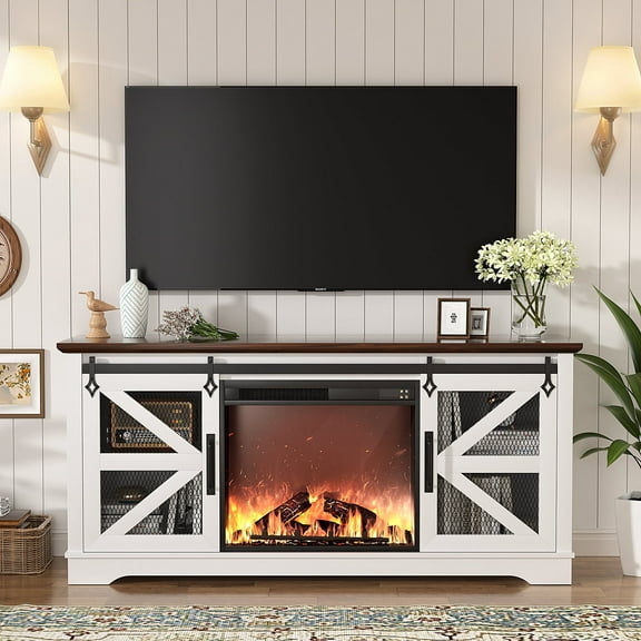 Richya Farmhouse Fireplace TV Stand Console for TVs up to 60'', Entertainment Center with 26''Electric Fireplace & Cabinets for Living Room,White