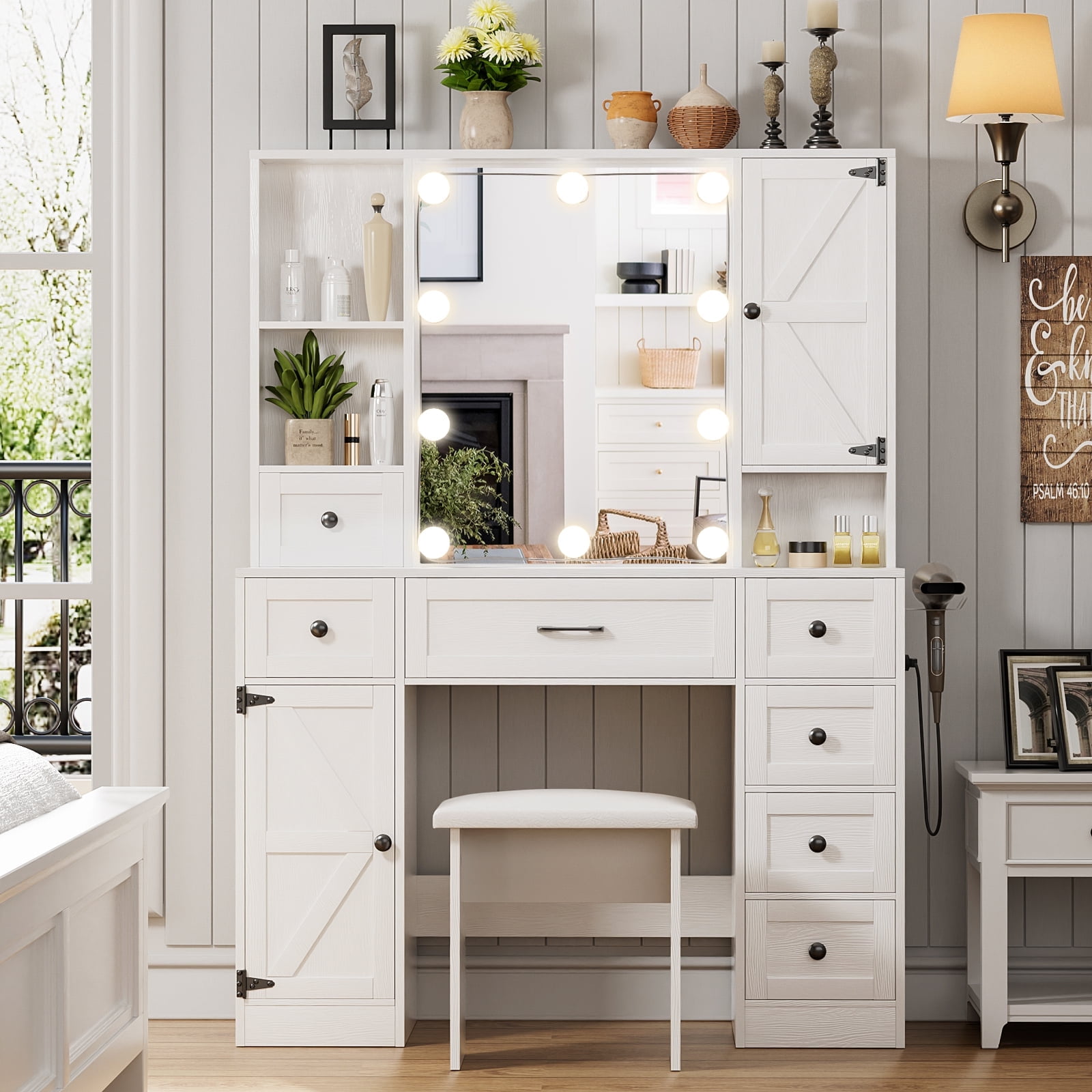 Richya Farmhouse Makeup Vanity Table Set with 3 Colors Lighted Mirror