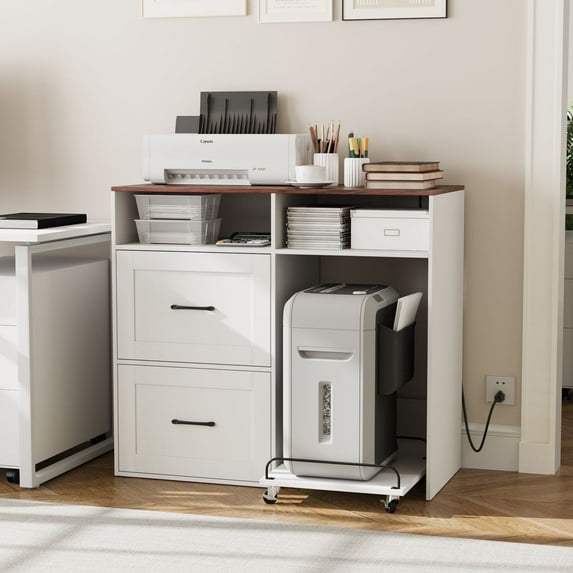 RichYa File Cabinet with Charging Station, Printer Stand with Rolling Paper Shredder Stand, Wooden 2 Drawer Filing Cabinet for Home Office, White