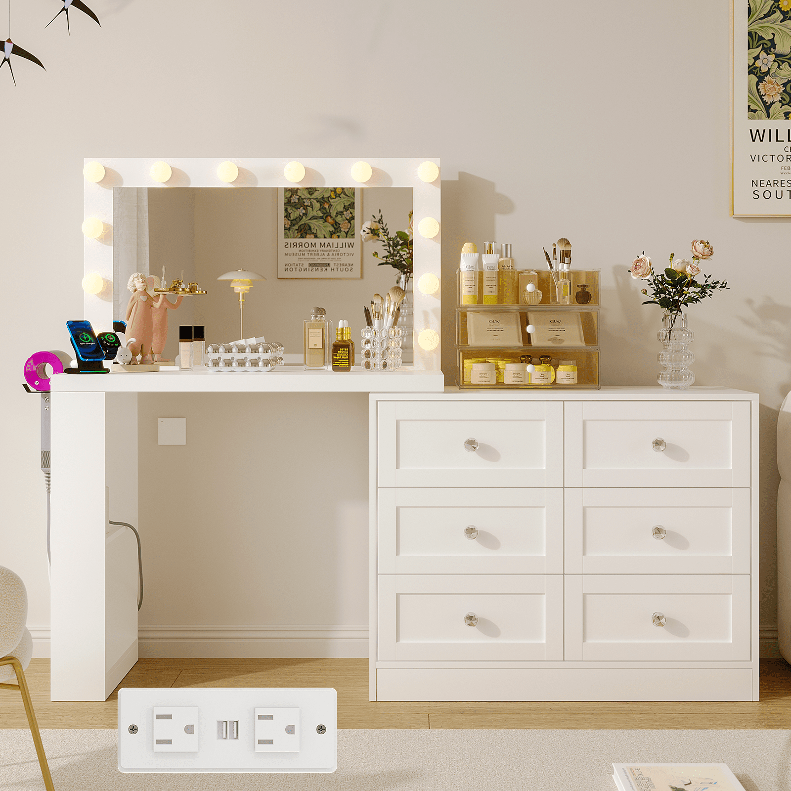 23.6'' Flip Top Makeup Vanity Desk - Lighted Mirror, Storage Stool, Power Outlet