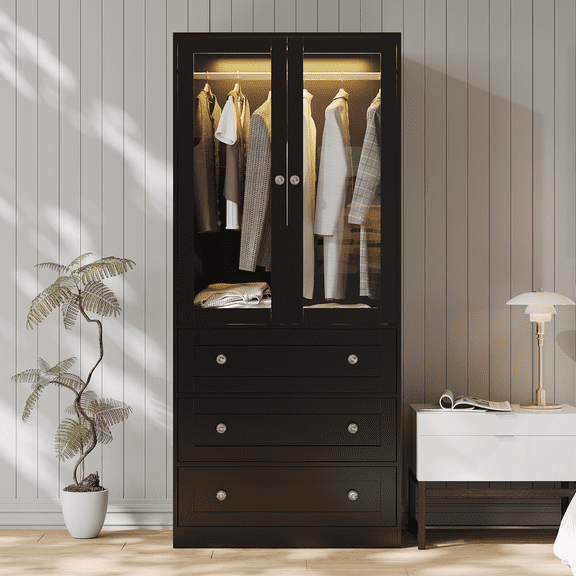 Richya Modern Glass Door Wardrobe Armoires with 3 Drawers Three Lighting Modes Adjustable Brightness Aluminum Alloy Hanging Rod Regular Door for Bedroom