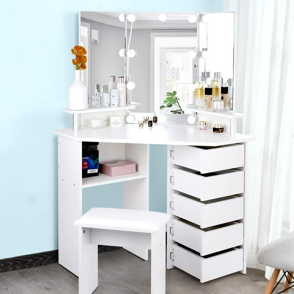 Richya Modern Makeup Corner Vanity Desk Set with Mirror and Lights for Bedroom,White