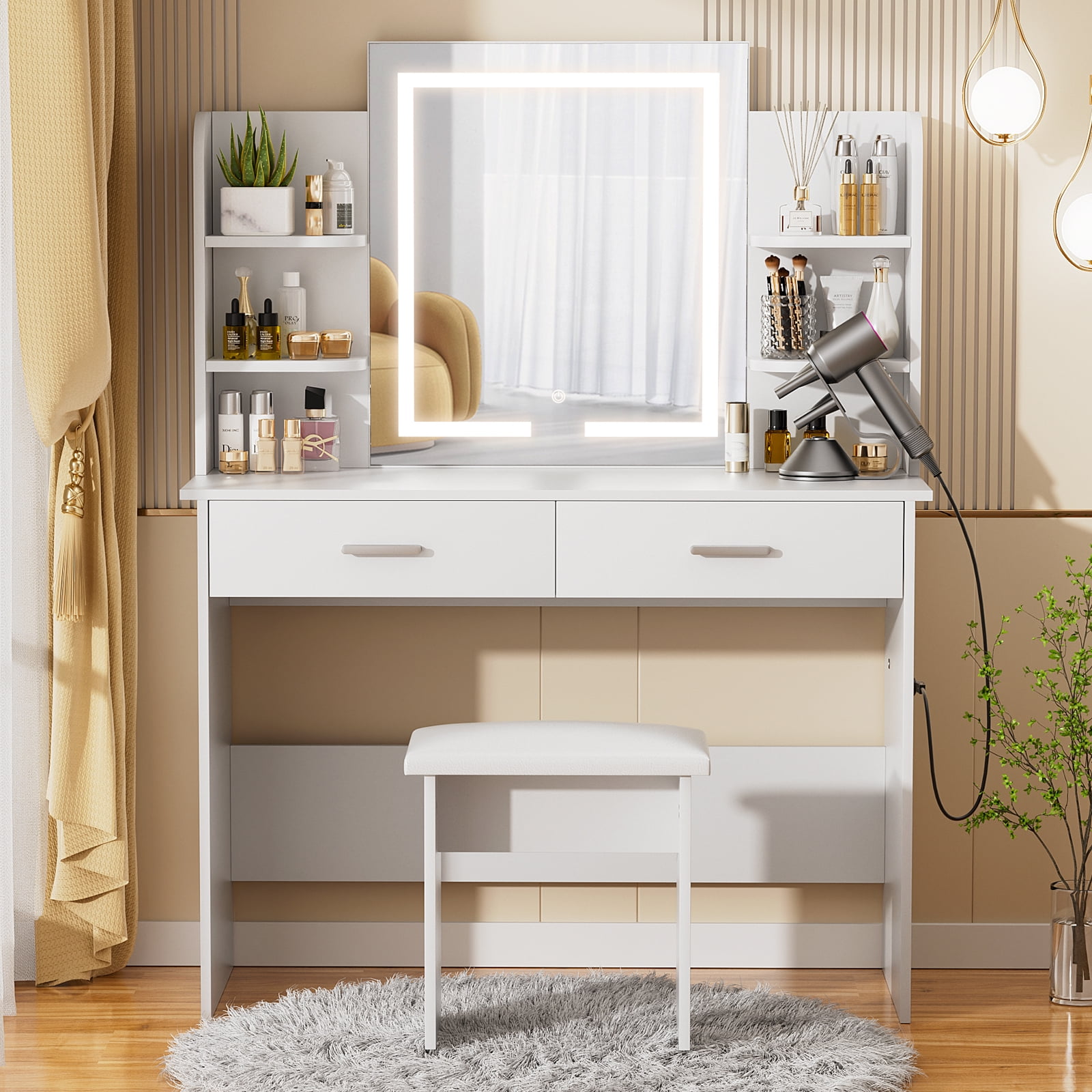 Richya Modern Makeup Vanity Desk with Lighted Mirror Power Outlet, 3 Color Light Options Adjustable Brightness, 6 Storage Shelves, 2 Large Drawers and Cushioned Stool, White