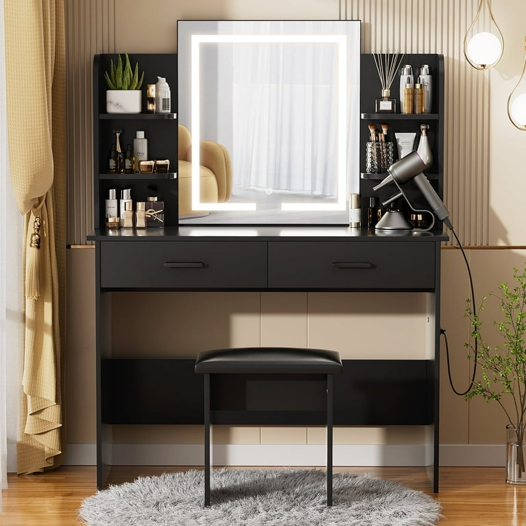 Richya Modern Makeup Vanity Desk with 3 Color Lighted Mirror Power Outlet 6 Storage Shelves 2 Large Drawers and Cushioned Stool Black