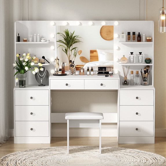 Richya Modern Makeup Vanity Desk with Lighted Mirror and Sturdy Stool,Makeup Table Sets with Drawers and Shelves