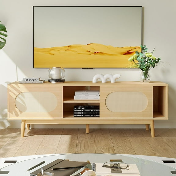 Richya Modern Rattan TV Stand for 55/60/65 inch TV with Natural Rattan Door and Shelves,Entertainment Center,Media Console Table for Living Room (Wood Color)